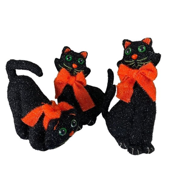 Halloween Cat Plush Set of 3 Sparkly Orange Black Cats Green Eyes Spooky Decor